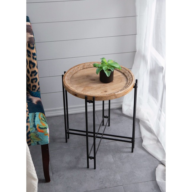 طاولة جانبية عصرية وعملية بتصميم يجمع بين دفء الخشب الطبيعي ومتانة المعدن الأسود بستايل ريفي 8029