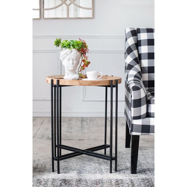 طاولة جانبية عصرية وعملية بتصميم يجمع بين دفء الخشب الطبيعي ومتانة المعدن الأسود بستايل ريفي 8029