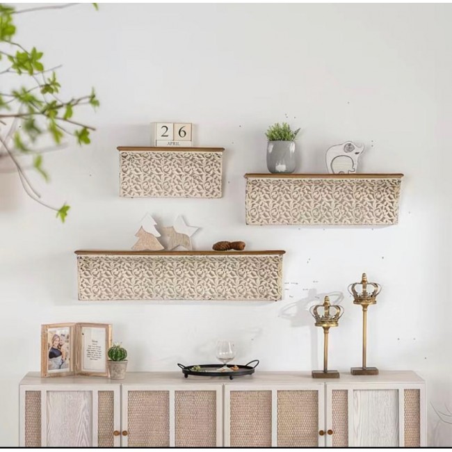 رف جداري بسطح  خشبي بزخارف من المعدن بلمسه من الفخامه كلاسيكيه متوفر 3 احجام مختلفه 9386-