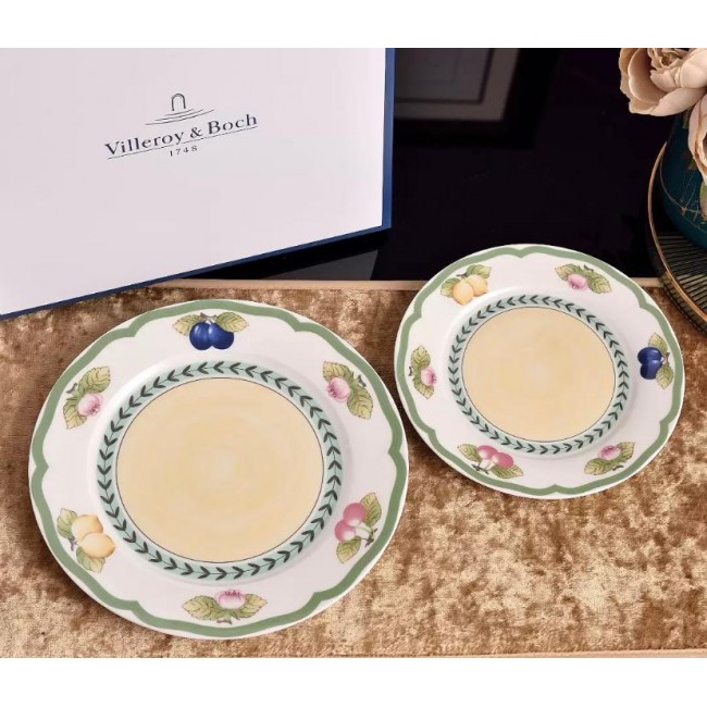 طقم صحن سيراميك يتميز بحافة خضراء صدفيّة مزخرفة ورسومات فواكه9066