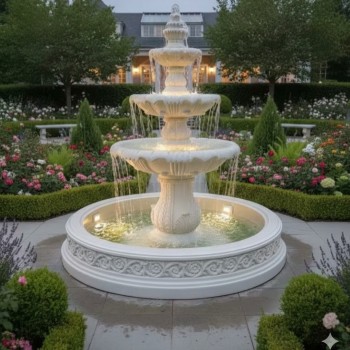 نافورة الكلاسيكية للحديقة الخارجية ضخمة من ثلاثة مستويات مصنوعة من الحجر الأبيض 8187