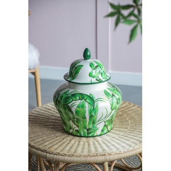 فازه سيراميك بغطاء فاخره بزخارف اوراق النخيل الخضراء تضيف انتعاش للمنزل 8429