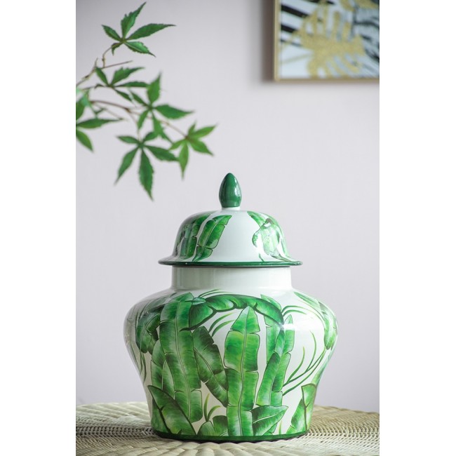 فازه سيراميك بغطاء فاخره بزخارف اوراق النخيل الخضراء تضيف انتعاش للمنزل 8429