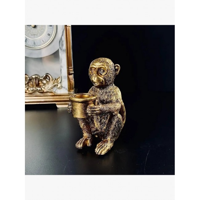 شمعدان مزخرف من الراتنج الذهبي على شكل قرد 8494