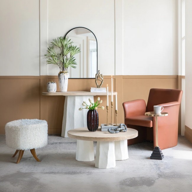 كونسول جداري بتصميم عصري بسطح خشب وقاعده بيضاء بلمسات ريفيه 8561