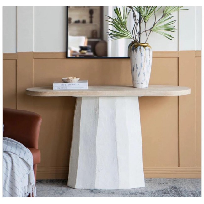 كونسول جداري بتصميم عصري بسطح خشب وقاعده بيضاء بلمسات ريفيه 8561