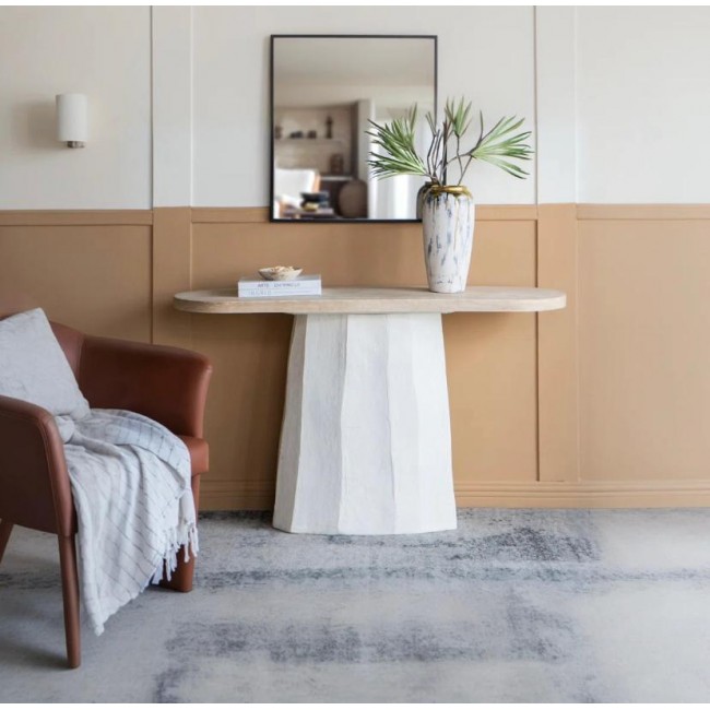 كونسول جداري بتصميم عصري بسطح خشب وقاعده بيضاء بلمسات ريفيه 8561