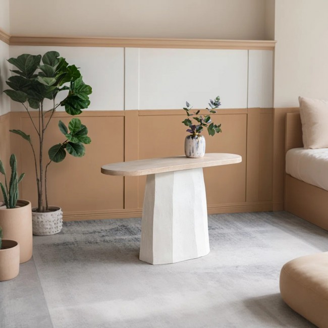 كونسول جداري بتصميم عصري بسطح خشب وقاعده بيضاء بلمسات ريفيه 8561