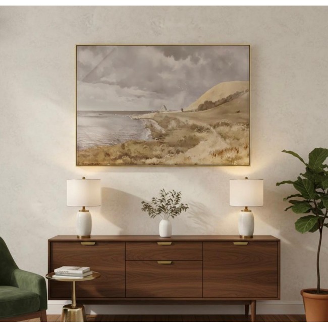 لوحه فنية جدارية ساحلية كلاسيكية باطار أنيقة تعكس جمال المناظر البحرية الهادئة 2250