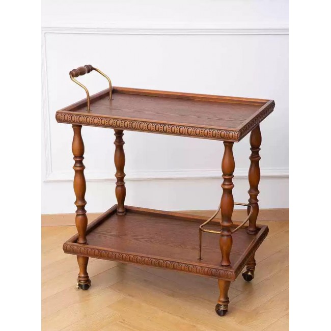 عربة تقديم مصنوعه يدويا من الخشب الطبيعي بتصميم مستوحى من الأنتيك الفرنسي مزوده بمقابض معدنيه باللون الذهبيL9634 