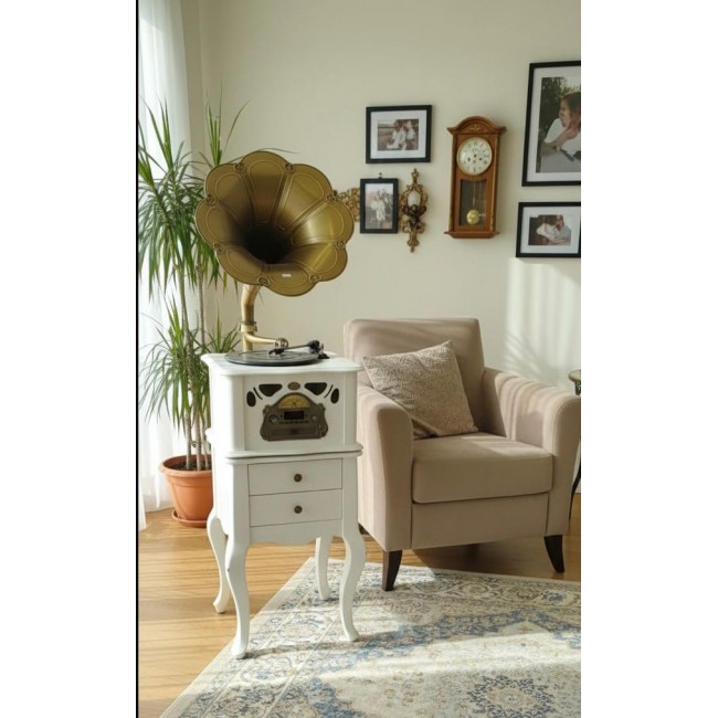 جراموفون مصنوع من خشب زان ابيض يتميز بتصميمه الكلاسيكي ارتفاع cm92