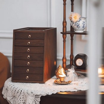 صندوق مجوهرات خشبي فينتاج ب7 ادراج وسطح زجاجي مبطن مخمل L9616