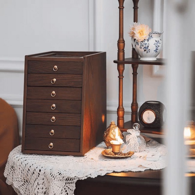 صندوق مجوهرات خشبي فينتاج ب7 ادراج وسطح زجاجي مبطن مخمل L9616