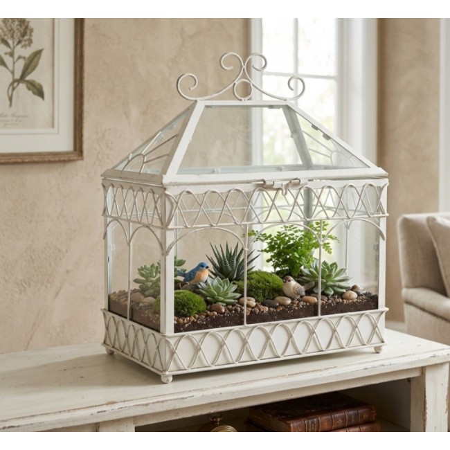 صندوق نباتات  زجاجي بتصميم "بيت محمي" فيكتوري، وهو قطعة ديكور كلاسيكية تجمع بين أناقة القفص التقليدي9681