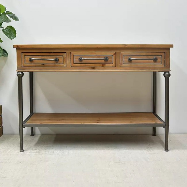 كونسول جداري بتصميم ريفي بمزيج متناغم من خشب الطبيعي والارجل المعدنيه يمنحها مظهراً "فنتج" جذاباً يناسب الديكورات الريفية9587