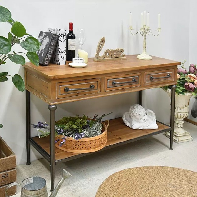كونسول جداري بتصميم ريفي بمزيج متناغم من خشب الطبيعي والارجل المعدنيه يمنحها مظهراً "فنتج" جذاباً يناسب الديكورات الريفية9587