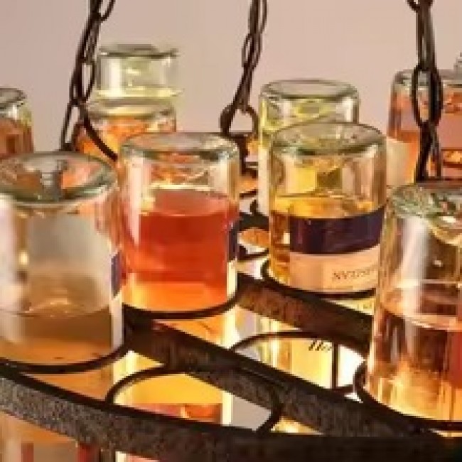 وحده اضاءه سقفيه على شكل صفوف من زجاجات  الملونة المحمولة على هيكل حديدي متين بلون الصدأ العتيق L9514