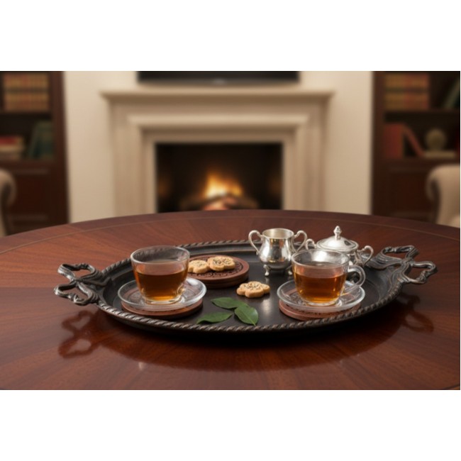 صينية تقديم بيضاوية مزودة بمقابض جانبية مزخرفة  بتصميم كلاسيكي.L9643