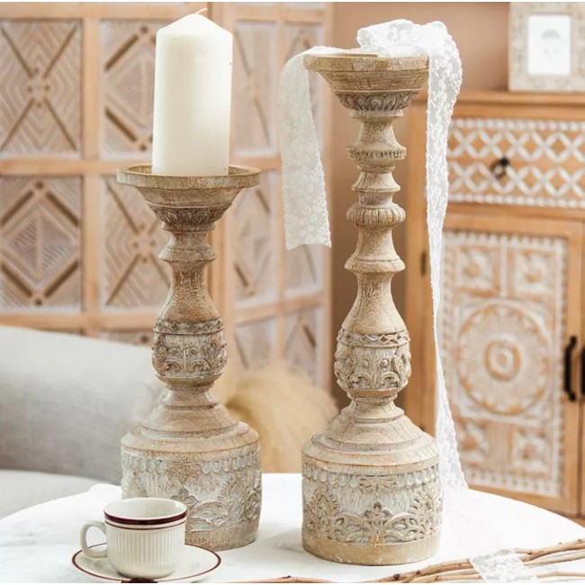 شمعدن خشبي منحوت يدويا على الطراز الاوربي متوفر الحجمين  9130