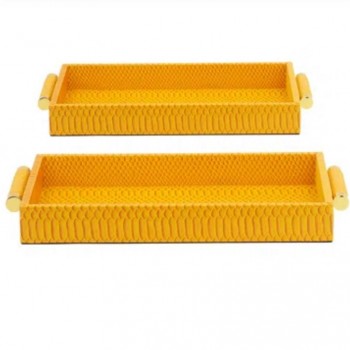 طقم صينيه تقديم مغطاه بلمسات الجلد الفاخر باللون الاصفر دافءالعدد2  8406