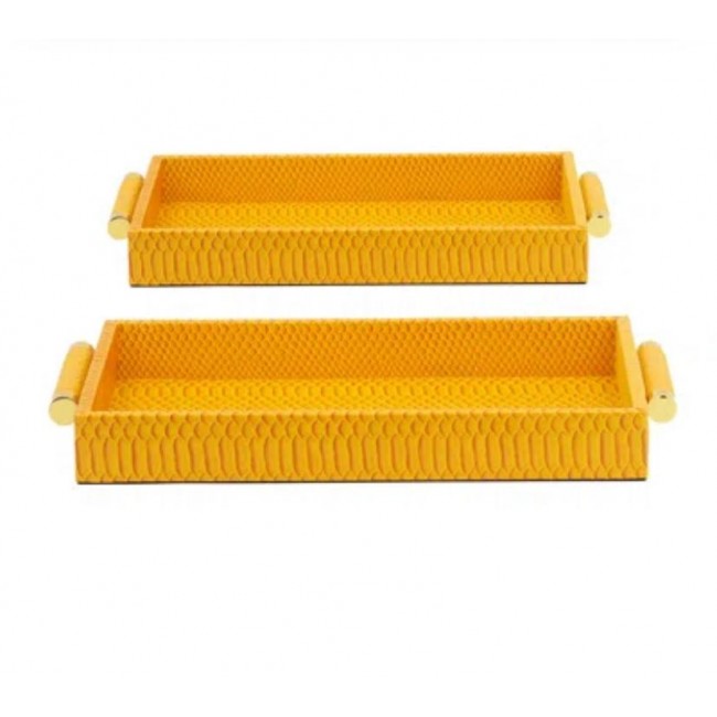 طقم صينيه تقديم مغطاه بلمسات الجلد الفاخر باللون الاصفر دافءالعدد2  8406