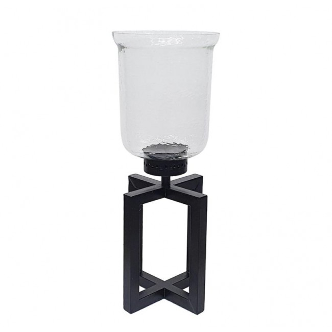 شمعدان زجاجي شفاف بقاعده من المعدن الاسود بتصميم مميز 8396