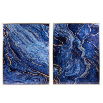 طقم لوحه جداري باطار ذهبي بشكل رخام الازرق مموج بلمسات ذهبيه العدد 2 8419