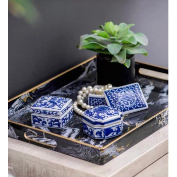 طقم تحف سيراميك بنقوش زرقاء لتخزين العدد 3قطع  -8126