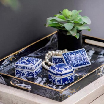 طقم تحف سيراميك بنقوش زرقاء لتخزين العدد 3قطع  -8126