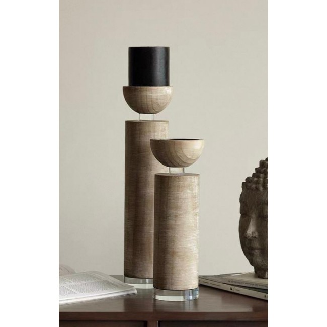 شمعدان خشب طبيعي مطعم بالزجاج متوفلر الحجمين L8025