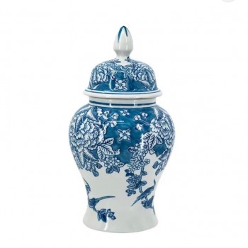 فازه سيراميك بغطاء مزخرفه بنقوش زرقاء متوفر الحجمين 7961