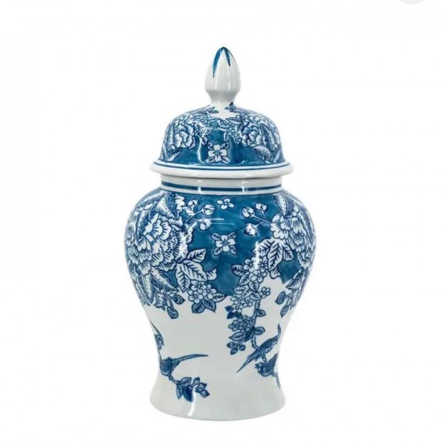 فازه سيراميك بغطاء مزخرفه بنقوش زرقاء متوفر الحجمين 7961