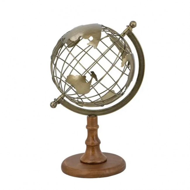 تحفه مجسم كره ارضيه مصنوعه من الالمنيوم باللون الذهبي بقاعده خشبيه من الزان الطبيعي فنتج ستايل 8094