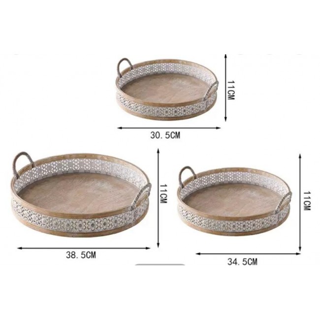 طقم صينيه تقديم معدن مشغول يدويا بلمسات ريفيه انيقه العدد3 قطع 8858