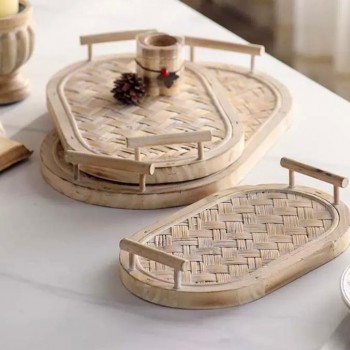 طقم صينيه تقديم مصنوعه من القش بتفاصيل ريفيه العدد 3 قطع 8876