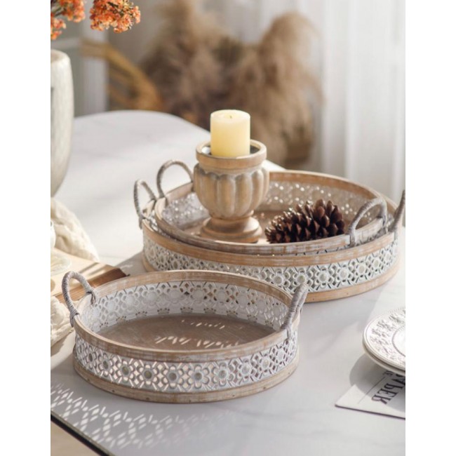 طقم صينيه تقديم معدن مشغول يدويا بلمسات ريفيه انيقه العدد3 قطع 8858