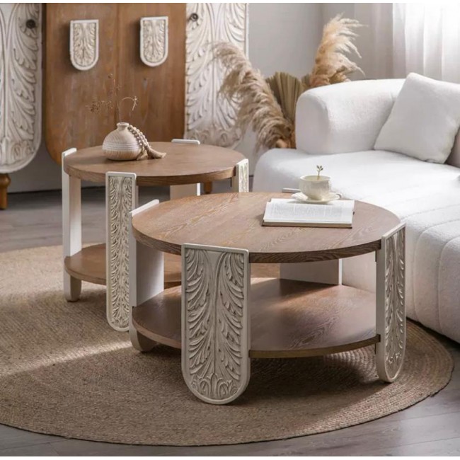 طاوله مستديره من خشب الطبيعي محفور يدويا بتصميم اوربي فاخر متوفر الحجمين 8754