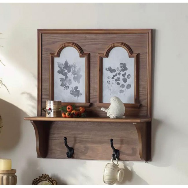 رف جداري بني من خشب الطبيعي على الطراز الاروبي مع خطافات  8838