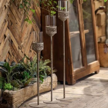 طقم شمعدان معدن حامل شموع زجاج على الطراز الاوربي العدد3 قطع 8776