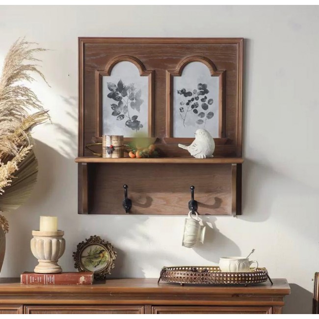 رف جداري بني من خشب الطبيعي على الطراز الاروبي مع خطافات  8838