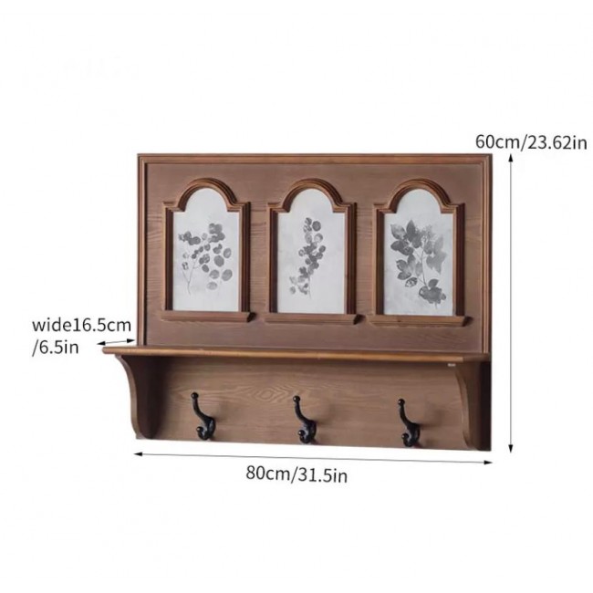 رف جداري بني من خشب الطبيعي على الطراز الاروبي مع خطافات8839