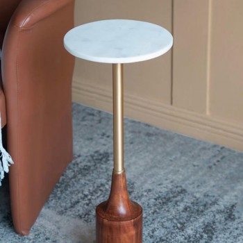 طاوله جانبيه مستديره بسطح رخام وقاعده خشبيه مطعم بمعدن ذهبي 7904