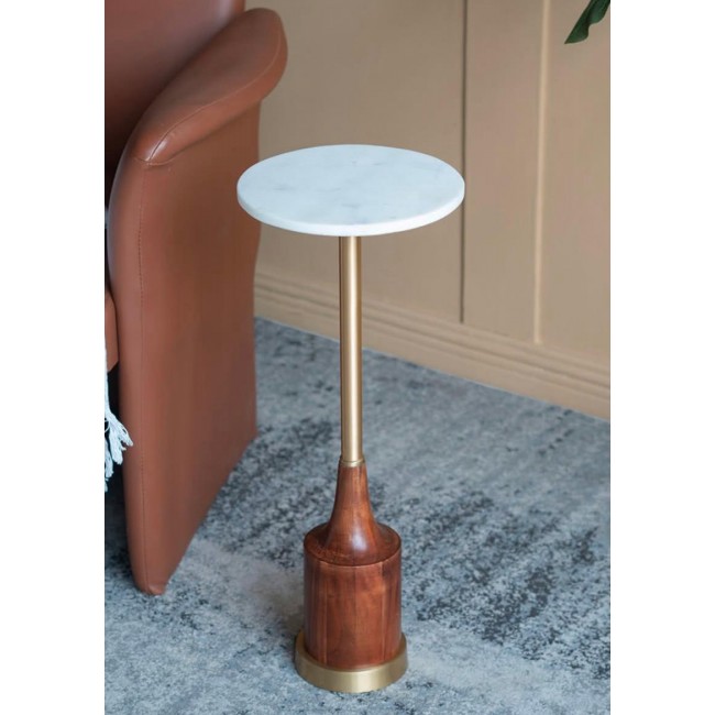 طاوله جانبيه مستديره بسطح رخام وقاعده خشبيه مطعم بمعدن ذهبي 7904