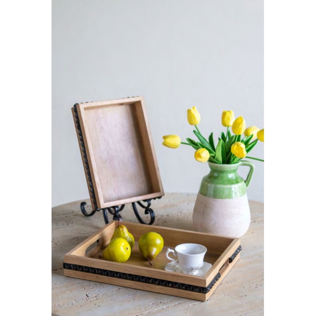 طقم صينيه خشبيه مطعم بالمعدن الاسود 2 قطع 8031