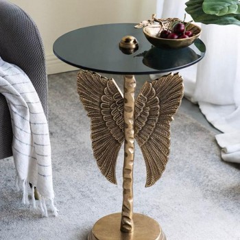 طاوله جانبيه مستديره زجاج بقاعده معدنيه بتصميم الاجنحه 7986