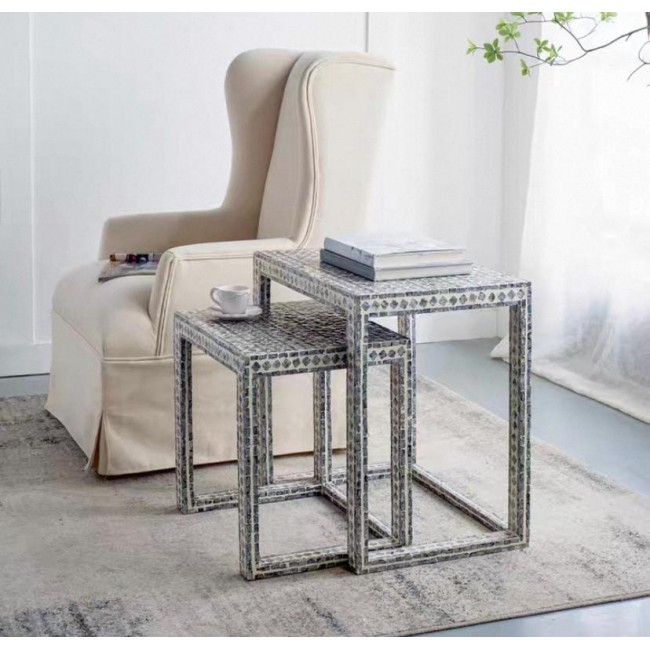 طقم طاوله جانبيه مطعمه برقائق صدف طبيعيه باللون الابيض والاسود 7872