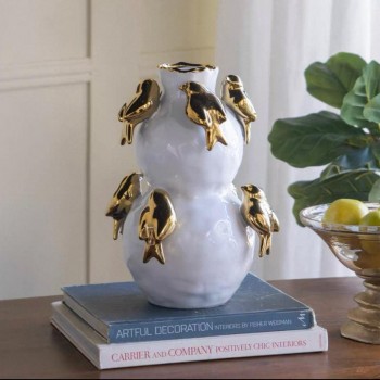 فازه سيراميك بيضاء بعصافير ذهبيه بستايل انيق 7950