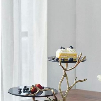 صحن تقديم زجاج بقاعده اغصان ذهبي معدن 7812