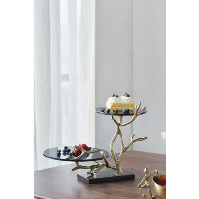 صحن تقديم زجاج بقاعده اغصان ذهبي معدن 7812