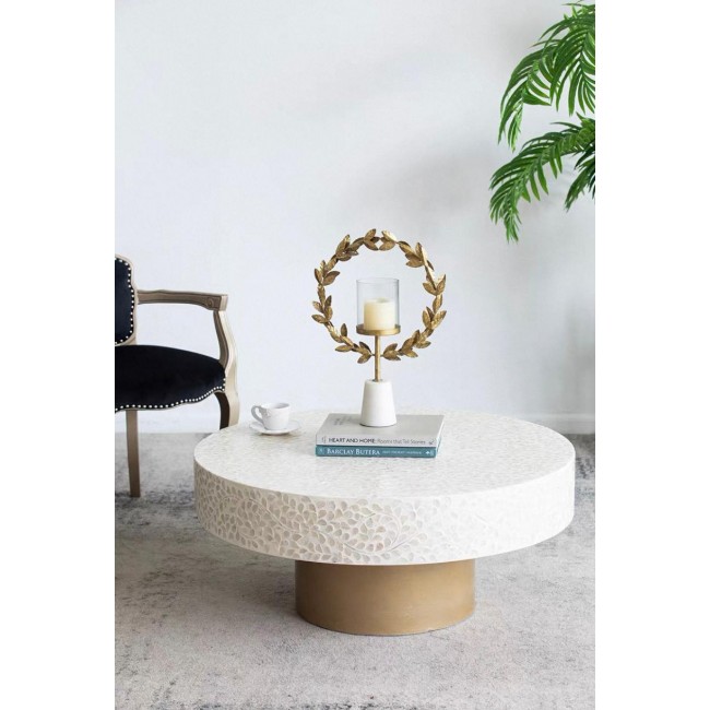 طاوله دائريه بتصميم مودرن باللون الابيض من رقائق الصدف الطبيعي  7871